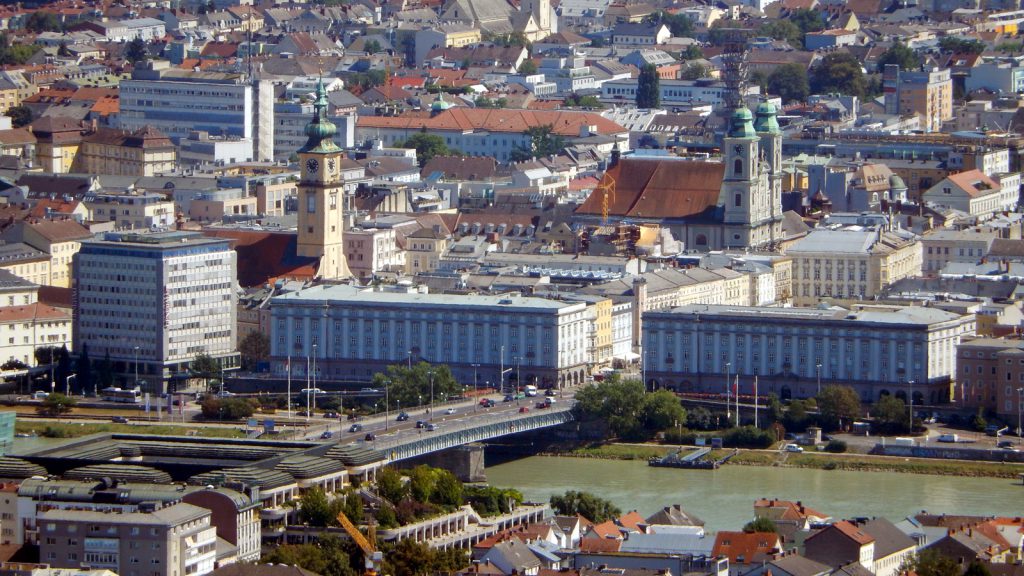 Linz as seen from Pöstlingberg with the Nibelungen Bridge in the foreground