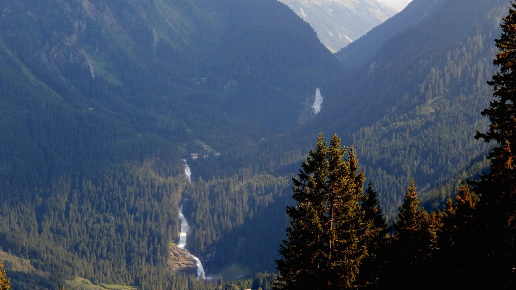 A last view of Krimml Waterfalls as seen from Gerlos Pass mountain road.