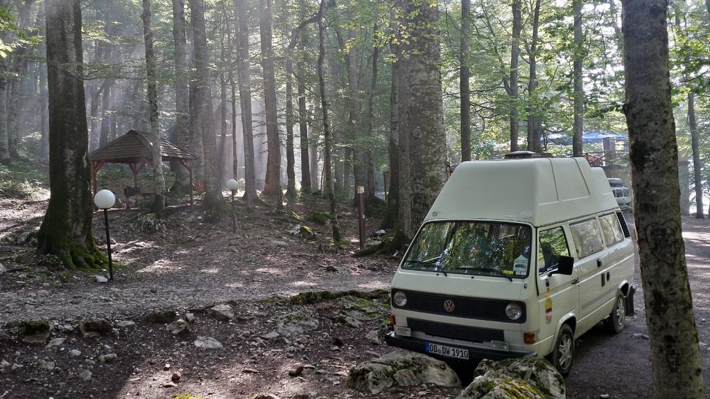 Bulli auf dem Campingplatz Biogradsko Jezero im Nationalpark Biorgadska Gora, Montenegro